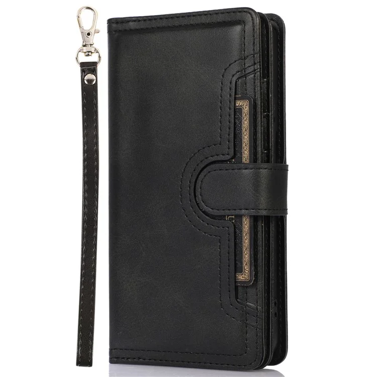 For Samsung Galaxy S22 5G Split Leather Stand Multiple Card Slots Case Wallet Phone Cover with Hand Strap - Black