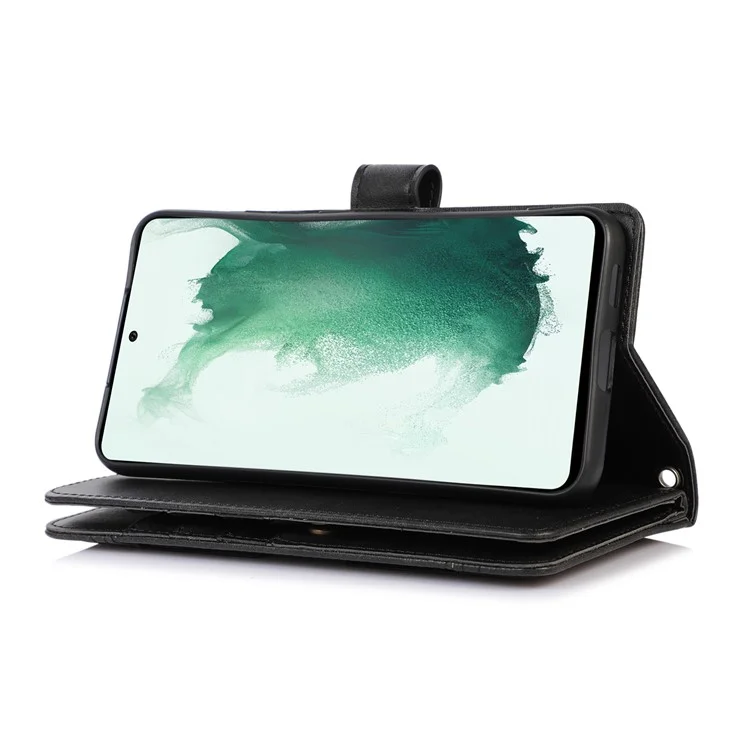 For Samsung Galaxy S22 5G Split Leather Stand Multiple Card Slots Case Wallet Phone Cover with Hand Strap - Black
