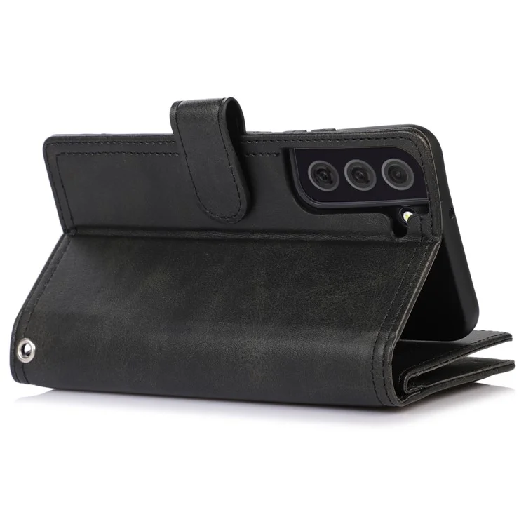 For Samsung Galaxy S22 5G Split Leather Stand Multiple Card Slots Case Wallet Phone Cover with Hand Strap - Black