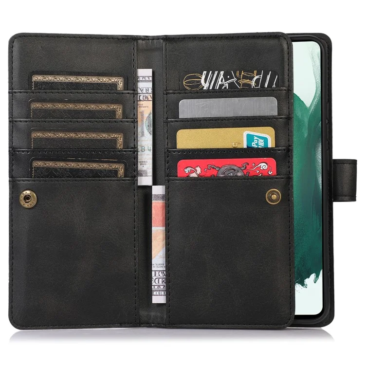 For Samsung Galaxy S22 5G Split Leather Stand Multiple Card Slots Case Wallet Phone Cover with Hand Strap - Black