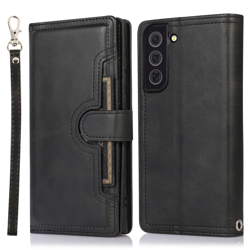For Samsung Galaxy S22+ 5G Wrist Strap Magnetic Clasp Split Leather Phone Stand Case Protector with Multiple Card Slots - Black