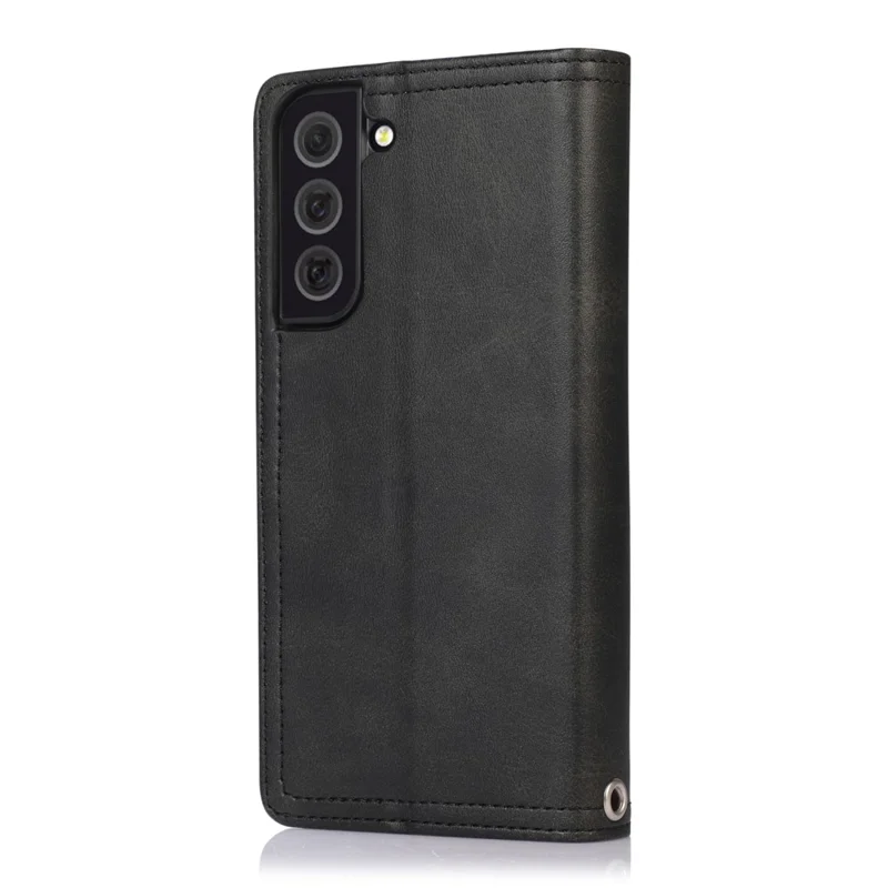 For Samsung Galaxy S22+ 5G Wrist Strap Magnetic Clasp Split Leather Phone Stand Case Protector with Multiple Card Slots - Black
