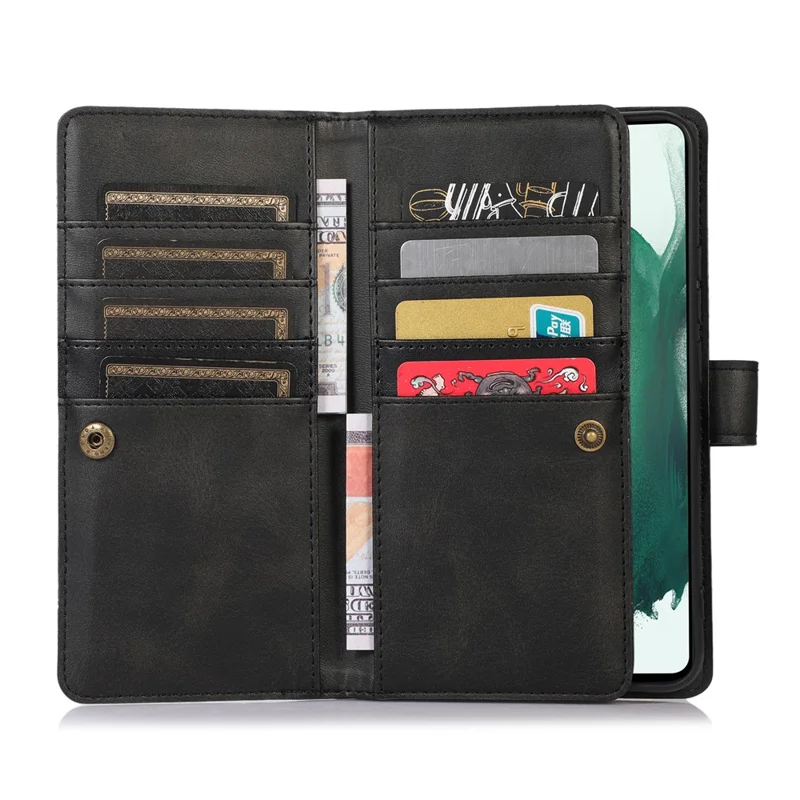 For Samsung Galaxy S22+ 5G Wrist Strap Magnetic Clasp Split Leather Phone Stand Case Protector with Multiple Card Slots - Black