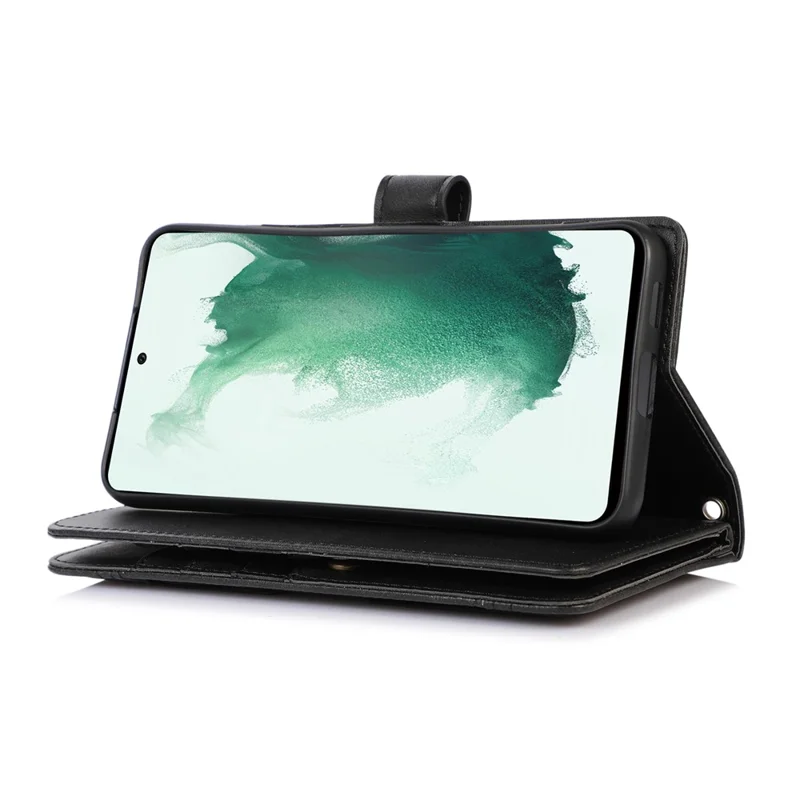 For Samsung Galaxy S22+ 5G Wrist Strap Magnetic Clasp Split Leather Phone Stand Case Protector with Multiple Card Slots - Black