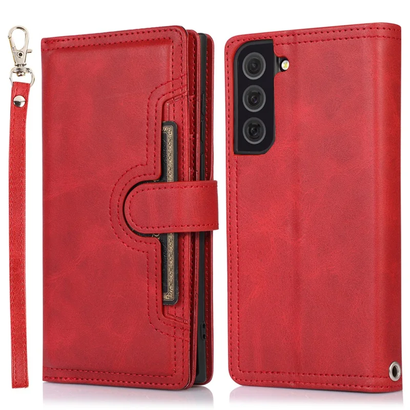 For Samsung Galaxy S22+ 5G Wrist Strap Magnetic Clasp Split Leather Phone Stand Case Protector with Multiple Card Slots - Red