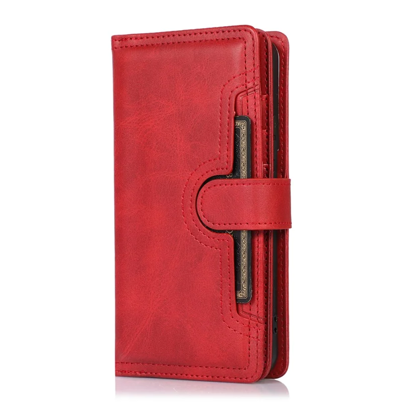 For Samsung Galaxy S22+ 5G Wrist Strap Magnetic Clasp Split Leather Phone Stand Case Protector with Multiple Card Slots - Red