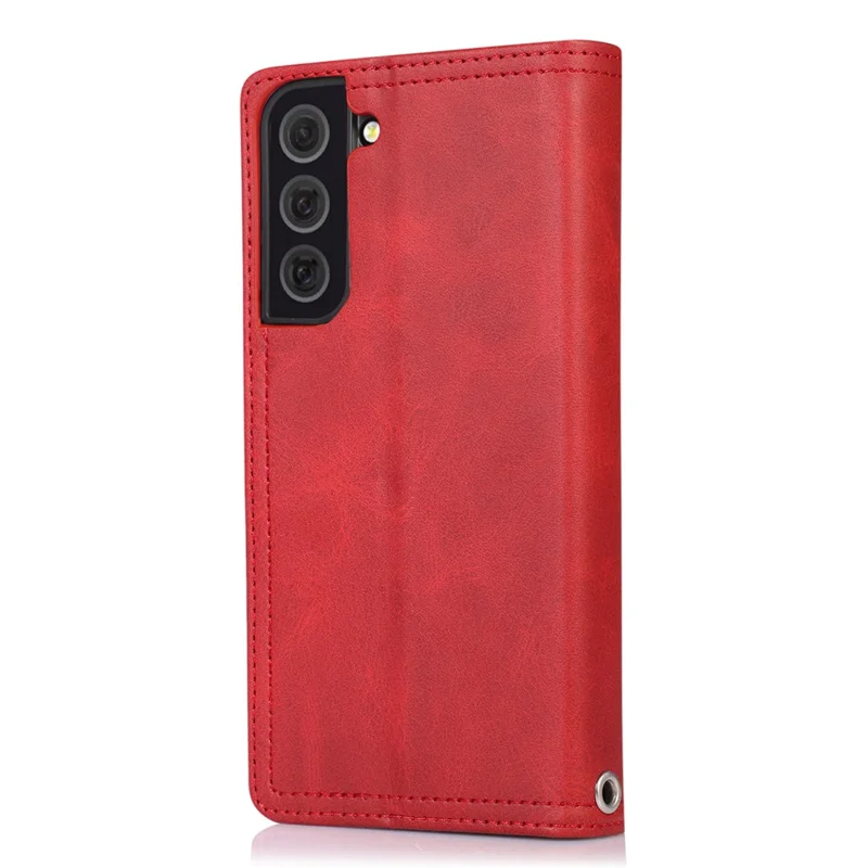 For Samsung Galaxy S22+ 5G Wrist Strap Magnetic Clasp Split Leather Phone Stand Case Protector with Multiple Card Slots - Red