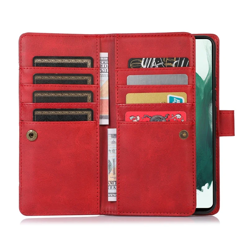 For Samsung Galaxy S22+ 5G Wrist Strap Magnetic Clasp Split Leather Phone Stand Case Protector with Multiple Card Slots - Red