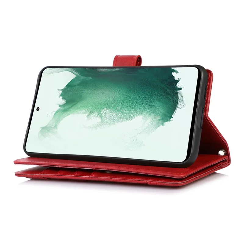 For Samsung Galaxy S22+ 5G Wrist Strap Magnetic Clasp Split Leather Phone Stand Case Protector with Multiple Card Slots - Red