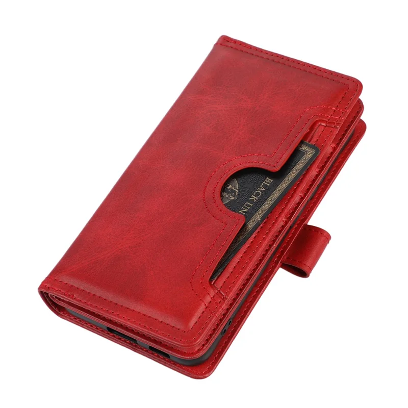 For Samsung Galaxy S22+ 5G Wrist Strap Magnetic Clasp Split Leather Phone Stand Case Protector with Multiple Card Slots - Red