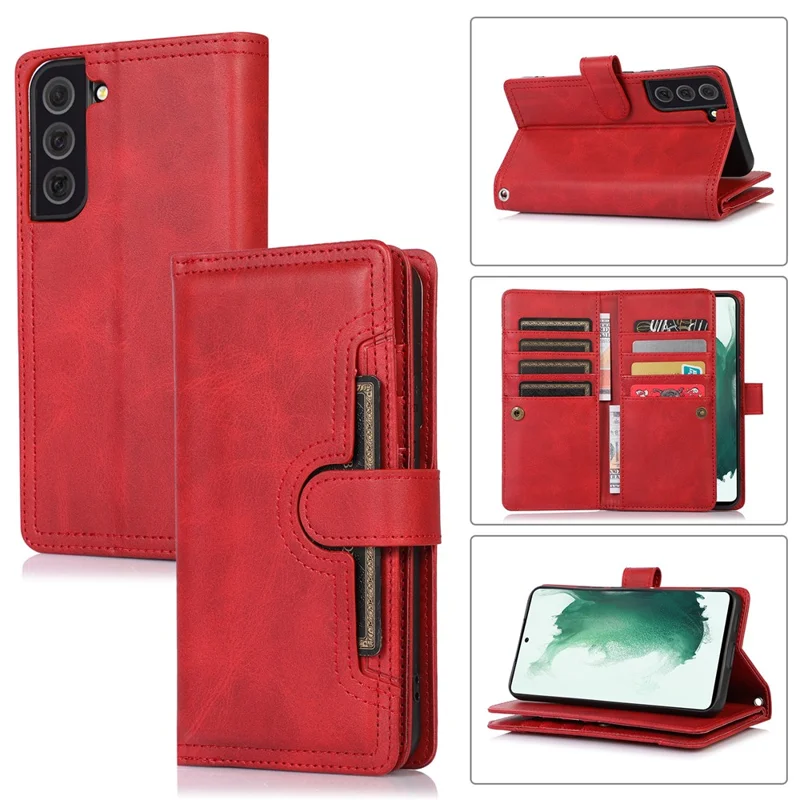 For Samsung Galaxy S22+ 5G Wrist Strap Magnetic Clasp Split Leather Phone Stand Case Protector with Multiple Card Slots - Red