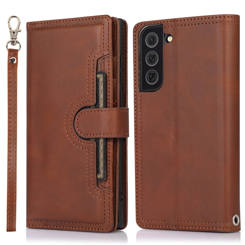 For Samsung Galaxy S22+ 5G Wrist Strap Magnetic Clasp Split Leather Phone Stand Case Protector with Multiple Card Slots - Coffee
