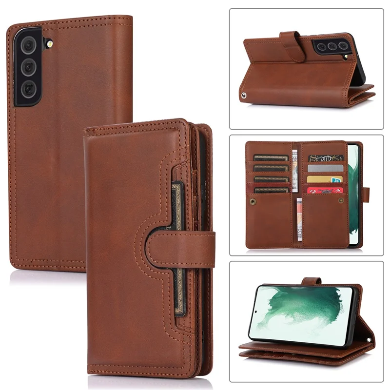For Samsung Galaxy S22+ 5G Wrist Strap Magnetic Clasp Split Leather Phone Stand Case Protector with Multiple Card Slots - Coffee
