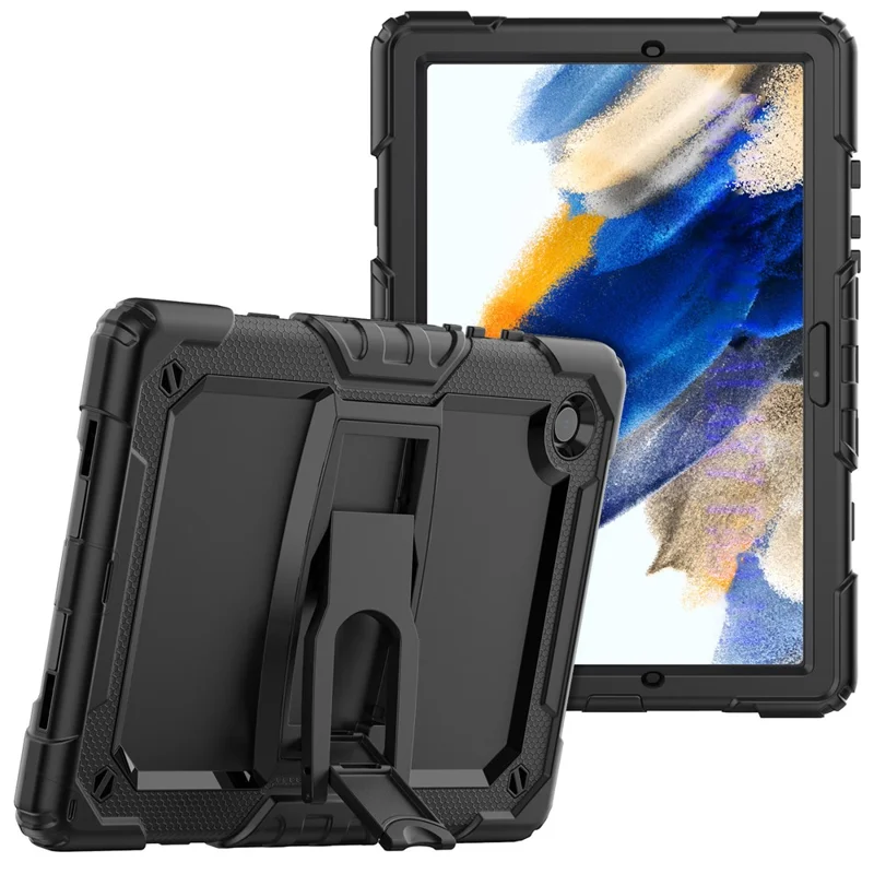 Coque de tablette épaisse en PC et silicone avec support pivotant et sangle d'épaule résistante aux chutes pour Samsung Galaxy Tab A8 10,5 (2021) / A8 10,5 (2022) X200 / X205 - Noir