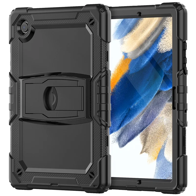 Coque de tablette épaisse en PC et silicone avec support pivotant et sangle d'épaule résistante aux chutes pour Samsung Galaxy Tab A8 10,5 (2021) / A8 10,5 (2022) X200 / X205 - Noir