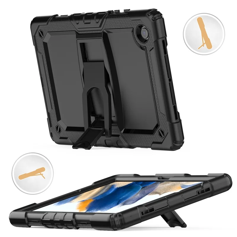Coque de tablette épaisse en PC et silicone avec support pivotant et sangle d'épaule résistante aux chutes pour Samsung Galaxy Tab A8 10,5 (2021) / A8 10,5 (2022) X200 / X205 - Noir