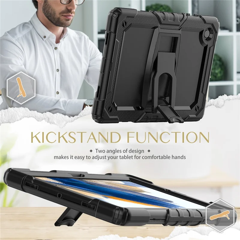 Coque de tablette épaisse en PC et silicone avec support pivotant et sangle d'épaule résistante aux chutes pour Samsung Galaxy Tab A8 10,5 (2021) / A8 10,5 (2022) X200 / X205 - Noir