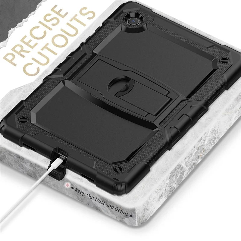 Coque de tablette épaisse en PC et silicone avec support pivotant et sangle d'épaule résistante aux chutes pour Samsung Galaxy Tab A8 10,5 (2021) / A8 10,5 (2022) X200 / X205 - Noir