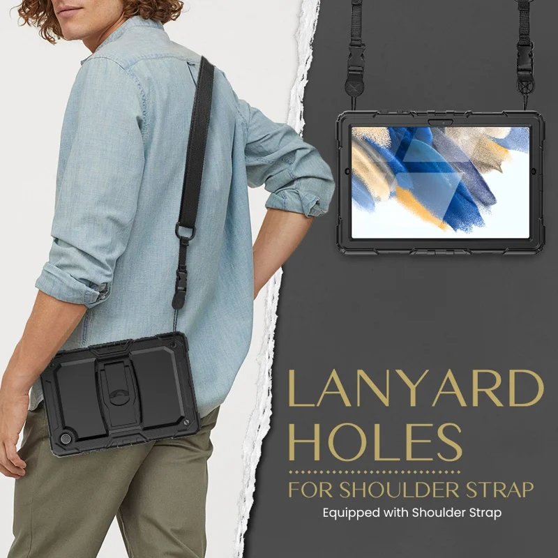 Coque de tablette épaisse en PC et silicone avec support pivotant et sangle d'épaule résistante aux chutes pour Samsung Galaxy Tab A8 10,5 (2021) / A8 10,5 (2022) X200 / X205 - Noir