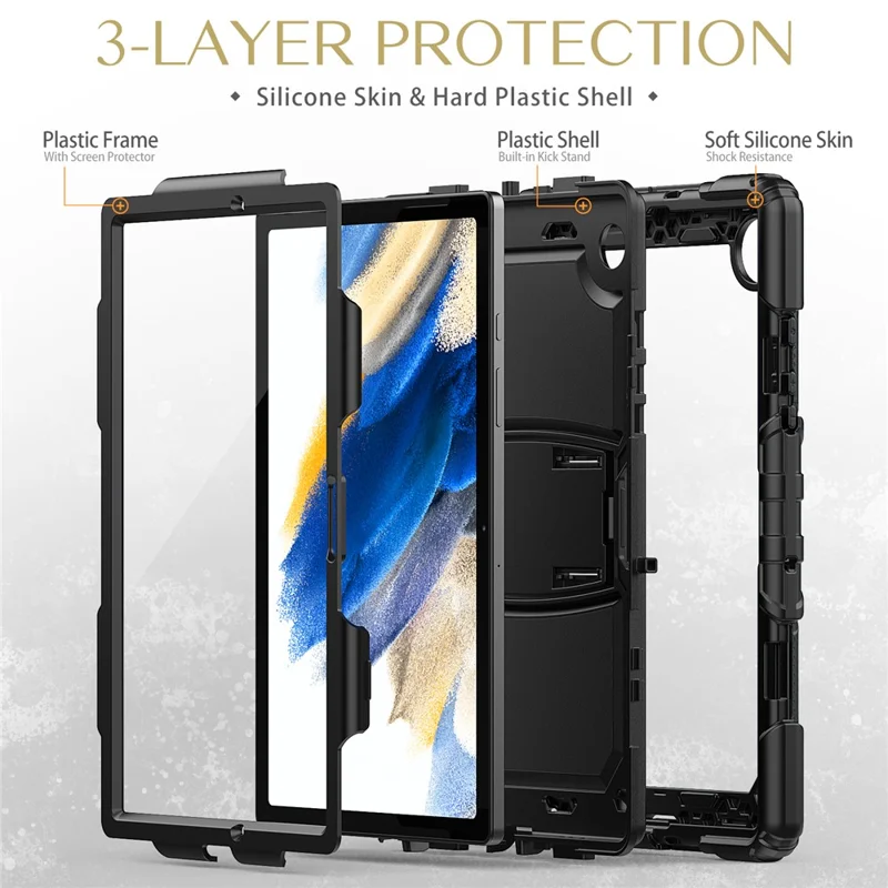 Coque de tablette épaisse en PC et silicone avec support pivotant et sangle d'épaule résistante aux chutes pour Samsung Galaxy Tab A8 10,5 (2021) / A8 10,5 (2022) X200 / X205 - Noir
