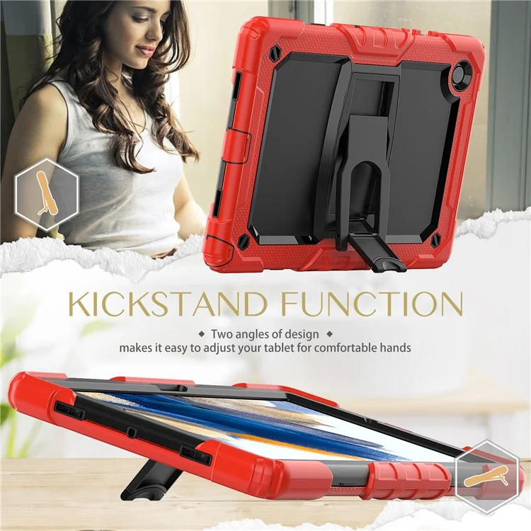 For Samsung Galaxy Tab A8 10.5 (2021) / A8 10.5 (2022) X200 / X205 Kickstand Design Thickened PC + Silicone Drop-resistant Tablet Case Shell with Shoulder Strap - Red