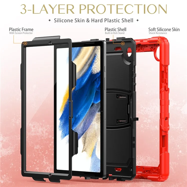 For Samsung Galaxy Tab A8 10.5 (2021) / A8 10.5 (2022) X200 / X205 Kickstand Design Thickened PC + Silicone Drop-resistant Tablet Case Shell with Shoulder Strap - Red