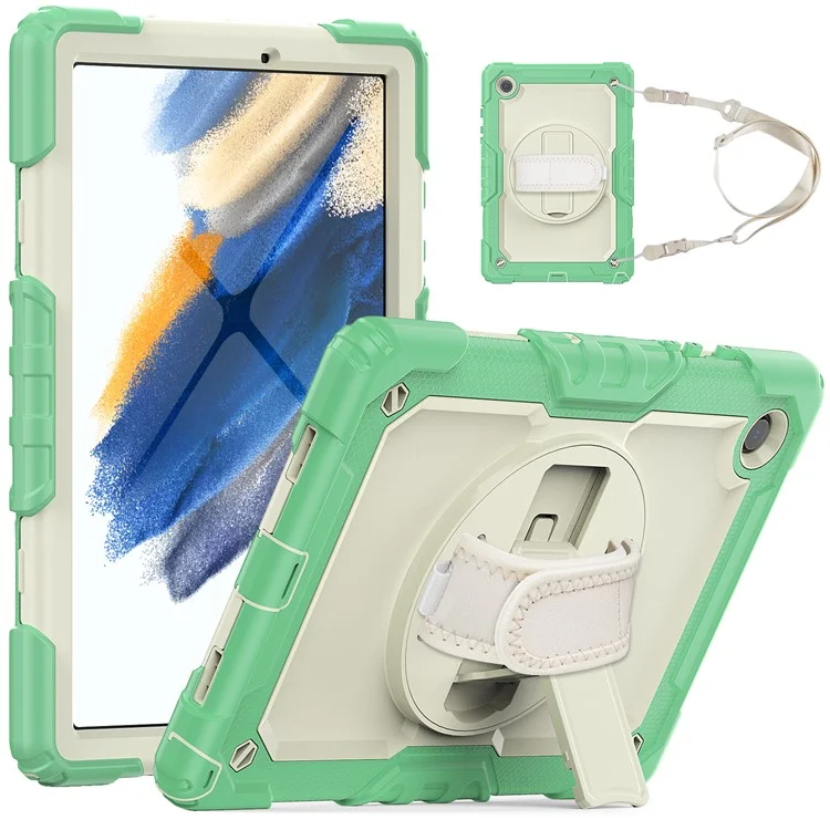 For Samsung Galaxy Tab A8 10.5 (2021) / (2022) Wi-Fi SM-X200 / LTE SM-X205 Well-protected PC + Silicone + PET Screen Protector Tablet Case Swivel Kickstand Hand Strap Cover with Shoulder Strap - Light Green