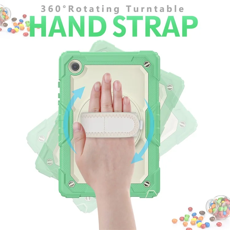 For Samsung Galaxy Tab A8 10.5 (2021) / (2022) Wi-Fi SM-X200 / LTE SM-X205 Well-protected PC + Silicone + PET Screen Protector Tablet Case Swivel Kickstand Hand Strap Cover with Shoulder Strap - Light Green
