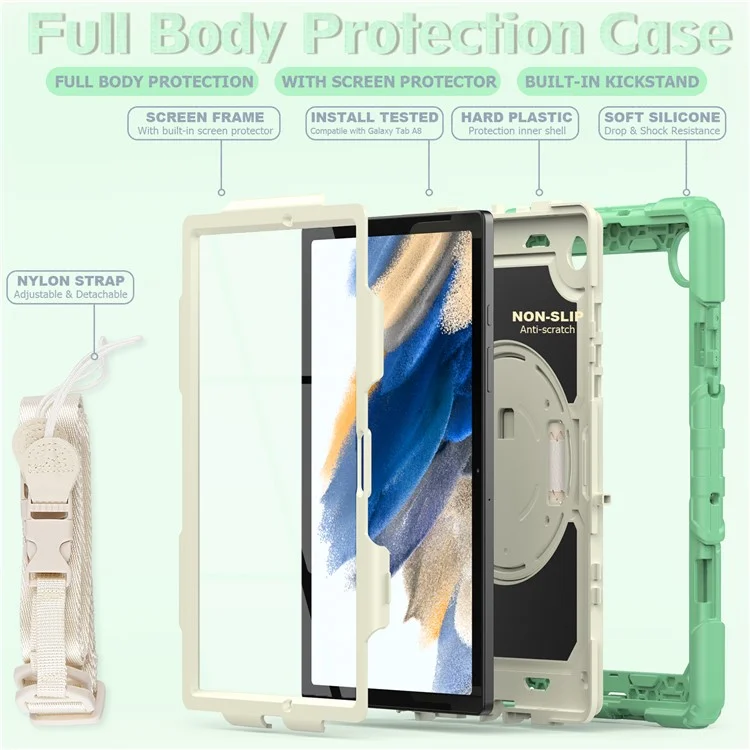 For Samsung Galaxy Tab A8 10.5 (2021) / (2022) Wi-Fi SM-X200 / LTE SM-X205 Well-protected PC + Silicone + PET Screen Protector Tablet Case Swivel Kickstand Hand Strap Cover with Shoulder Strap - Light Green
