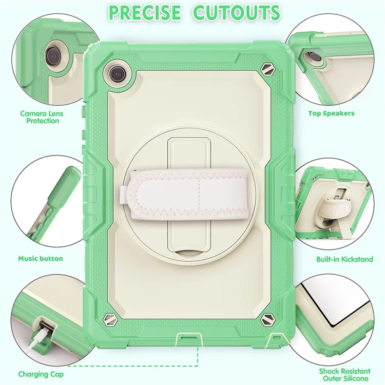 For Samsung Galaxy Tab A8 10.5 (2021) / (2022) Wi-Fi SM-X200 / LTE SM-X205 Well-protected PC + Silicone + PET Screen Protector Tablet Case Swivel Kickstand Hand Strap Cover with Shoulder Strap - Light Green