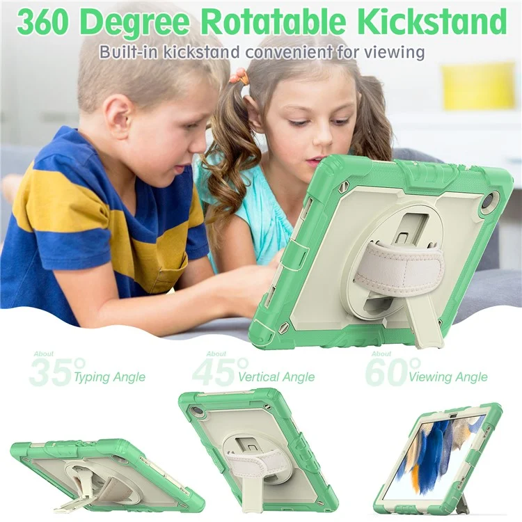 For Samsung Galaxy Tab A8 10.5 (2021) / (2022) Wi-Fi SM-X200 / LTE SM-X205 Well-protected PC + Silicone + PET Screen Protector Tablet Case Swivel Kickstand Hand Strap Cover with Shoulder Strap - Light Green