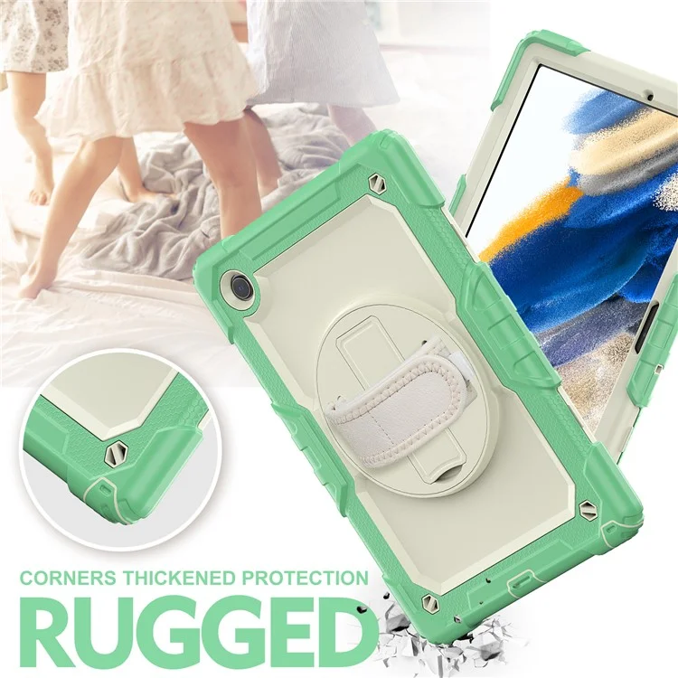 For Samsung Galaxy Tab A8 10.5 (2021) / (2022) Wi-Fi SM-X200 / LTE SM-X205 Well-protected PC + Silicone + PET Screen Protector Tablet Case Swivel Kickstand Hand Strap Cover with Shoulder Strap - Light Green