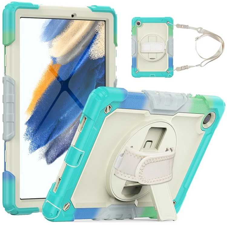 For Samsung Galaxy Tab A8 10.5 (2021) / (2022) Wi-Fi SM-X200 / LTE SM-X205 Hard PC + Soft Silicone + PET Screen Protector Case Swivel Kickstand Hand Strap Cover with Shoulder Strap - Camouflage Baby Blue