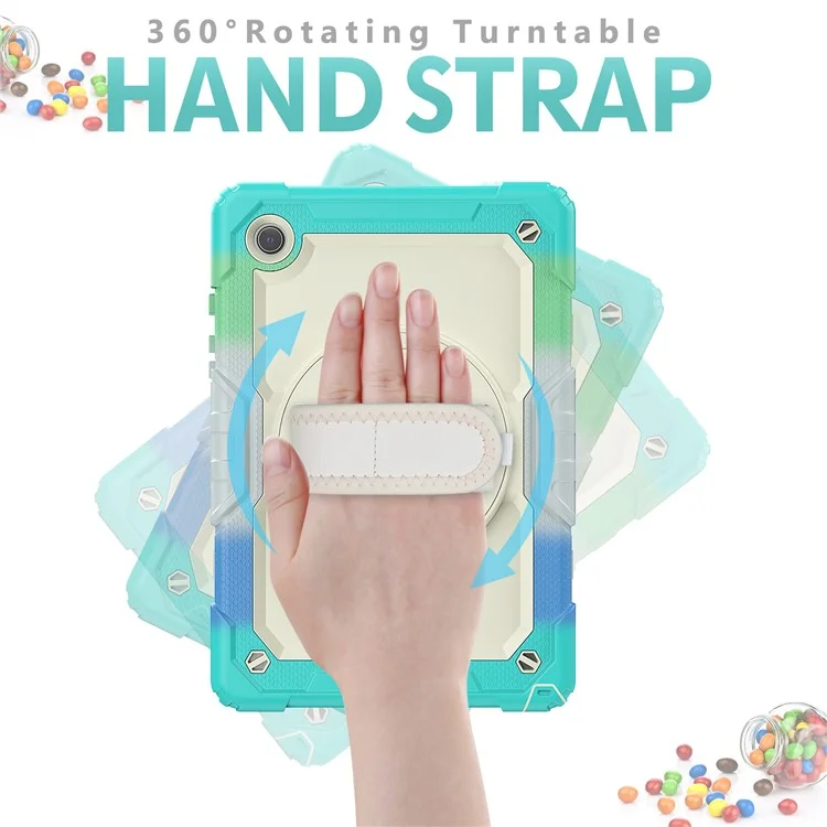 For Samsung Galaxy Tab A8 10.5 (2021) / (2022) Wi-Fi SM-X200 / LTE SM-X205 Hard PC + Soft Silicone + PET Screen Protector Case Swivel Kickstand Hand Strap Cover with Shoulder Strap - Camouflage Baby Blue
