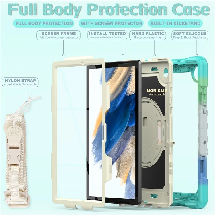 For Samsung Galaxy Tab A8 10.5 (2021) / (2022) Wi-Fi SM-X200 / LTE SM-X205 Hard PC + Soft Silicone + PET Screen Protector Case Swivel Kickstand Hand Strap Cover with Shoulder Strap - Camouflage Baby Blue