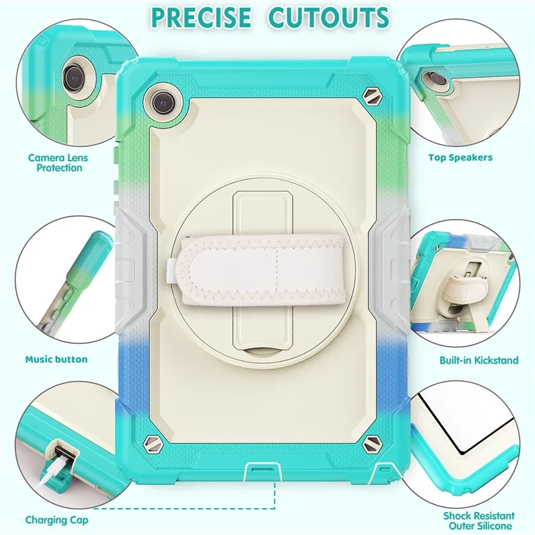 For Samsung Galaxy Tab A8 10.5 (2021) / (2022) Wi-Fi SM-X200 / LTE SM-X205 Hard PC + Soft Silicone + PET Screen Protector Case Swivel Kickstand Hand Strap Cover with Shoulder Strap - Camouflage Baby Blue