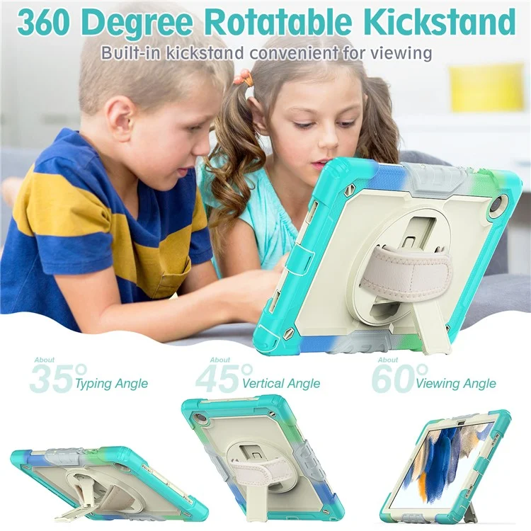 For Samsung Galaxy Tab A8 10.5 (2021) / (2022) Wi-Fi SM-X200 / LTE SM-X205 Hard PC + Soft Silicone + PET Screen Protector Case Swivel Kickstand Hand Strap Cover with Shoulder Strap - Camouflage Baby Blue
