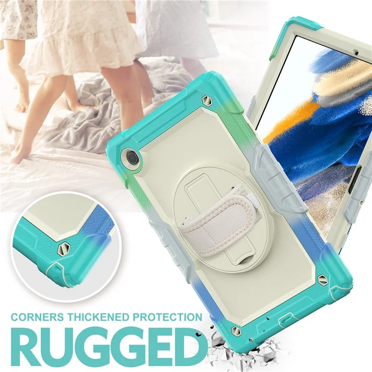 For Samsung Galaxy Tab A8 10.5 (2021) / (2022) Wi-Fi SM-X200 / LTE SM-X205 Hard PC + Soft Silicone + PET Screen Protector Case Swivel Kickstand Hand Strap Cover with Shoulder Strap - Camouflage Baby Blue