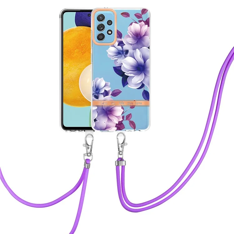 For Samsung Galaxy A52 4G/5G/A52s 5G YB IMD-9 Series Flower Design IMD IML TPU Case Electroplating Protective Phone Cover with Lanyard - HC004 Purple Begonia