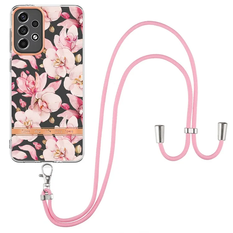 YB IMD Series Lanyard TPU Phone Case per Samsung Galaxy A33 5G, Cover Protettiva per Telefono Antigraffio Elettroplaccato IML - HC005 Pink Gardenia