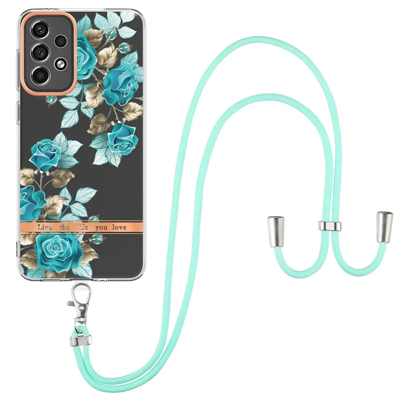 For Samsung Galaxy A33 5G Case with Shoulder Strap IMD IML Flower Pattern TPU Back Cover - HC002 Blue Rose