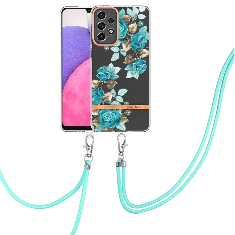 For Samsung Galaxy A33 5G Case with Shoulder Strap IMD IML Flower Pattern TPU Back Cover - HC002 Blue Rose