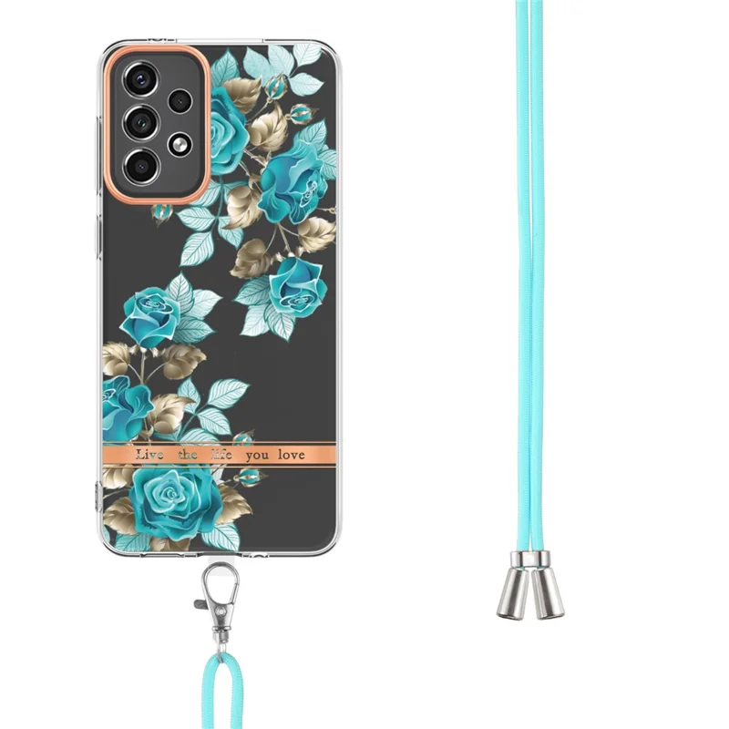 For Samsung Galaxy A33 5G Case with Shoulder Strap IMD IML Flower Pattern TPU Back Cover - HC002 Blue Rose
