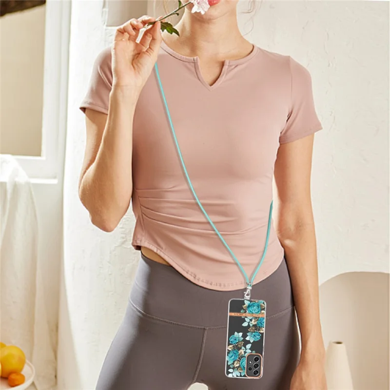 For Samsung Galaxy A33 5G Case with Shoulder Strap IMD IML Flower Pattern TPU Back Cover - HC002 Blue Rose