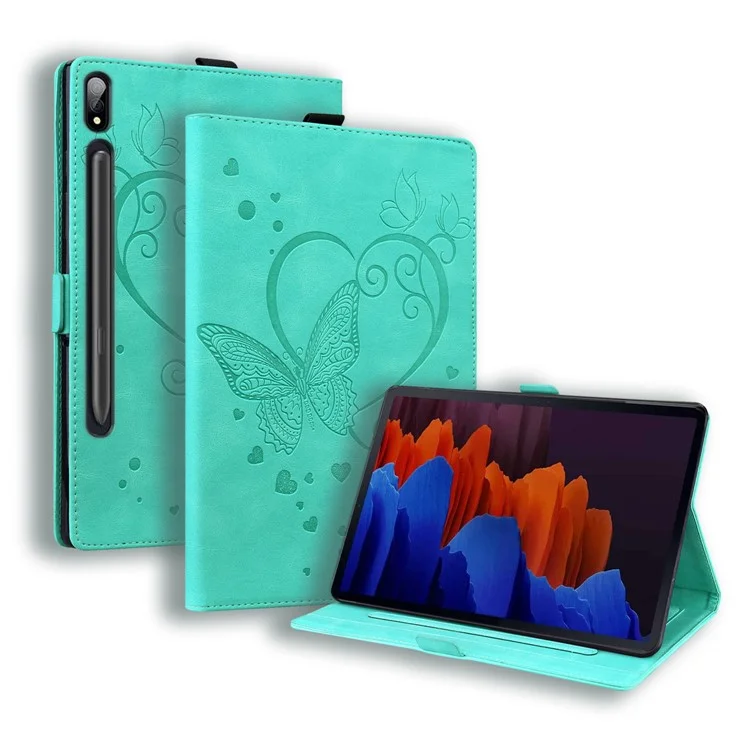 Para Samsung Galaxy Tab S9 FE / S9 / S8 / S7 PU Cuero Estampado de Mariposa Funda de Tableta con Tapa Ranuras para Tarjetas Soporte con Portaplumas - Cian
