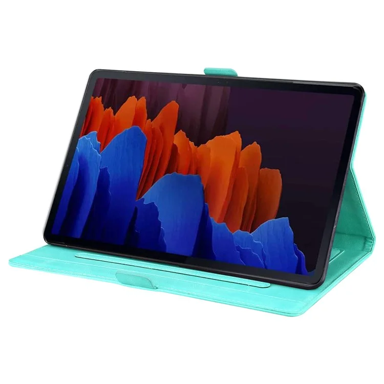 Para Samsung Galaxy Tab S9 FE / S9 / S8 / S7 PU Cuero Estampado de Mariposa Funda de Tableta con Tapa Ranuras para Tarjetas Soporte con Portaplumas - Cian