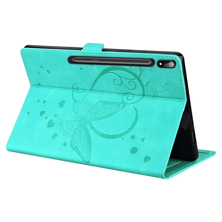 Para Samsung Galaxy Tab S9 FE / S9 / S8 / S7 PU Cuero Estampado de Mariposa Funda de Tableta con Tapa Ranuras para Tarjetas Soporte con Portaplumas - Cian