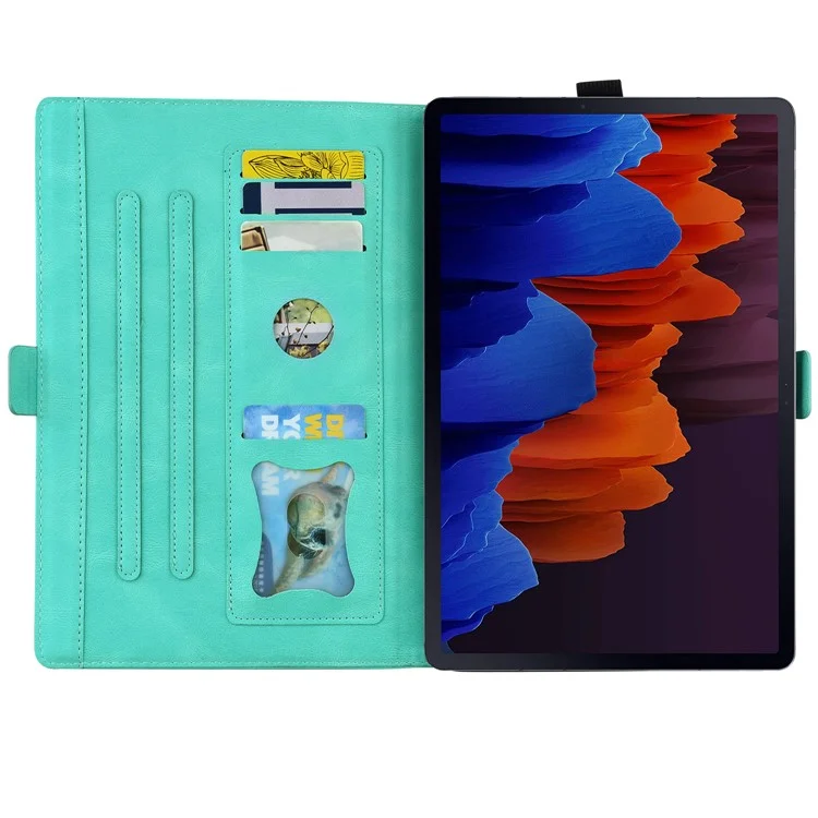 Para Samsung Galaxy Tab S9 FE / S9 / S8 / S7 PU Cuero Estampado de Mariposa Funda de Tableta con Tapa Ranuras para Tarjetas Soporte con Portaplumas - Cian