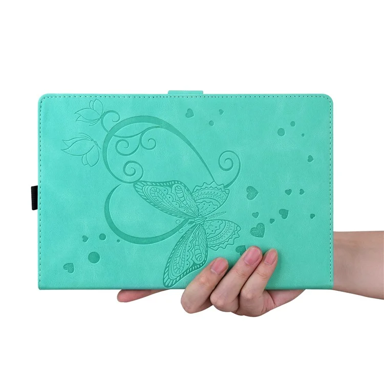 Para Samsung Galaxy Tab S9 FE / S9 / S8 / S7 PU Cuero Estampado de Mariposa Funda de Tableta con Tapa Ranuras para Tarjetas Soporte con Portaplumas - Cian