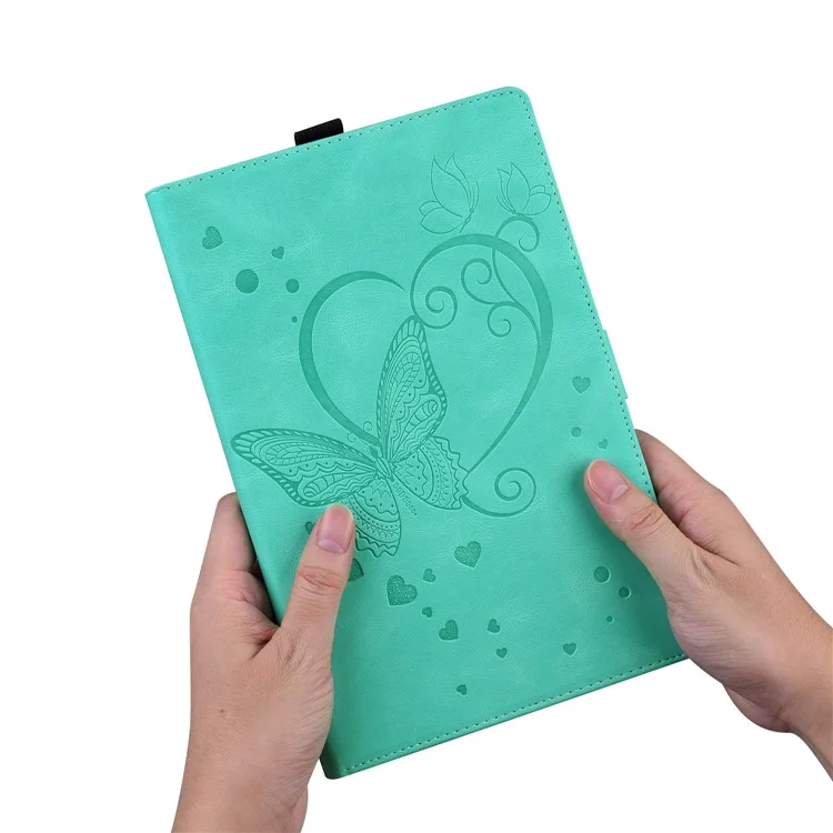 Para Samsung Galaxy Tab S9 FE / S9 / S8 / S7 PU Cuero Estampado de Mariposa Funda de Tableta con Tapa Ranuras para Tarjetas Soporte con Portaplumas - Cian